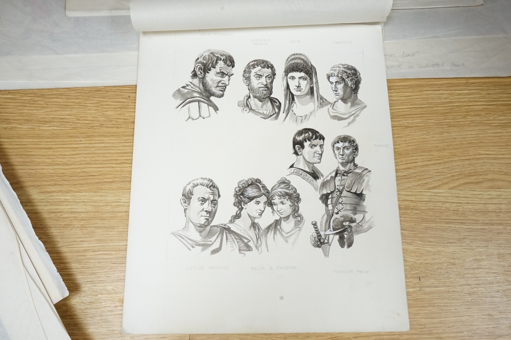 Peter Jackson (1922-2003), Illustrations from 'One day in Roman Britain' to include Portrait studies, Roman wall and Roman Baths, six watercolours, largest 34 x 71cm, unframed, together with two copies of the original bo